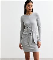 Women's Grey Tie Front Ribbed Mini Dress New Look