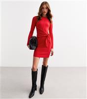Women's Red Tie Front Ribbed Mini Dress New Look