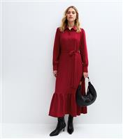 Women's Burgundy Western Tiered Midi Shirt Dress New Look