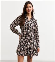 Women's Black Floral Print Belted Mini Shirt Dress New Look