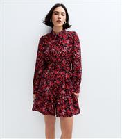 Women's Red Floral Print High Collar Mini Shirt Dress New Look