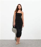 Women's Black Ruched Mesh Midi Dress New Look