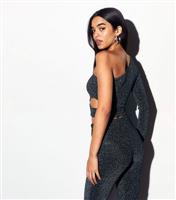 Women's Navy Metallic One Shoulder Long Sleeve Crop Top New Look