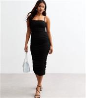 Women's Petite Black Ruched Mesh Midi Dress New Look
