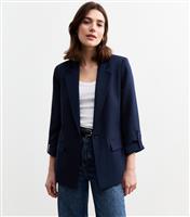 Women's Navy Cropped Sleeve Blazer New Look