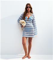 Women's Blue Striped Crochet Kaftan Beach Cover Up Dress New Look