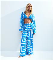 Women's Blue Swirl Patterned Wide Leg Beach Trousers New Look