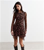 Women's Black Floral Print Handkerchief Hem Mesh Mini Dress New Look
