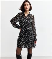 Women's Black Daisy Print Chiffon Mini Shirt Dress New Look