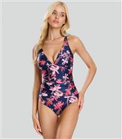 Women's Blue Floral Print Tummy Control Swimsuit South Beach New Look