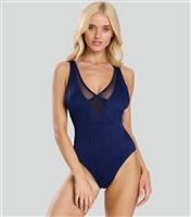 Women's Navy Textured Tummy Control Swimsuit South Beach New Look