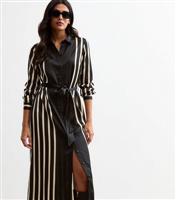 Women's Black Satin Striped Belted Midi Dress New Look