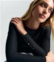 Women's Black Button Detail Ribbed Top New Look