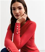 Women's Red Button Detail Ribbed Top New Look