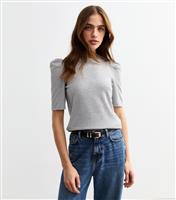Women's Pale Grey Gathered Puff Sleeve Soft Touch Top New Look