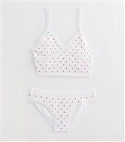 Girls' White Heart Print Pointelle Crop Top And Briefs Set New Look