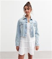 Girls' Bright Blue Cropped Distressed Denim Jacket New Look