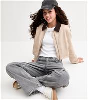 Girls' Off White Contrast Collar Cropped Barn Jacket New Look