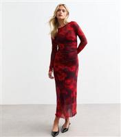 Women's Petite Red Rose Print Mesh Midi Dress New Look