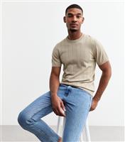 Men's Stone Regular Wide Pointelle T-Shirt New Look