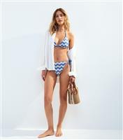 Women's Blue Zigzag Crochet Halterneck Bikini Top New Look