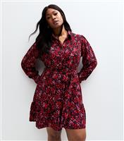 Women's Plus Size Red Floral Print Mini Shirt Dress Curves New Look