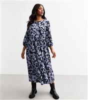 Women's Plus Size Blue Floral Crinkled Jersey Midi Dress Curves New Look