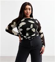 Women's Plus Size Black Blur Rose Print Mesh Top Curves New Look