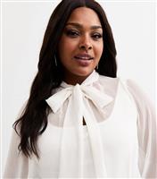 Women's Plus Size White Pussybow Crinkled Chiffon Blouse Curves New Look