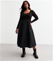 Women's Plus Size Black 2 In 1 Poplin Midi Dress Curves New Look