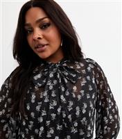 Women's Plus Size Black Floral Print Tie Neck Chiffon Blouse Curves New Look