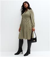 Women's Plus Size Green Geometric Print Shirt Dress Curves Blue Vanilla New Look