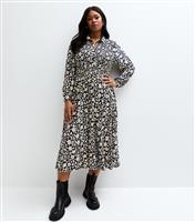 Women's Plus Size Blue Floral Print Shirred Shirt Dress Curves Blue Vanilla New Look