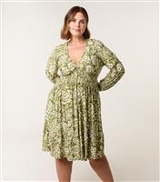 Women's Curve Khaki Floral Print Shirred Mini Dress Blue Vanilla New Look