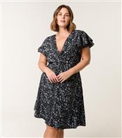 Women's Black Abstract Print Frill Sleeve Mini Dress Blue Vanilla New Look