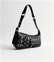 Black Faux Leather Buckle Detail Asymmetric Shoulder Bag Vegan New Look
