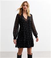 Women's Black Polka Dot Pussybow Chiffon Mini Dress New Look