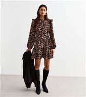 Women's Brown Leopard Print Lace Trim Ruffle Mini Dress New Look