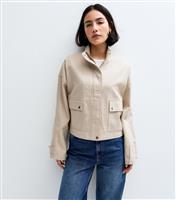 Women's Stone High Neck Cotton Twill Shacket New Look