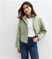 Women's Olive Green High Neck Cotton Twill Shacket New Look
