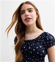 Girls' Blue Ditsy Print Milkmaid Puff Sleeve Top New Look