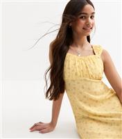 Girls' Yellow Textured Rose Mini Dress New Look