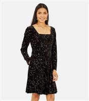 Women's Black Velvet Star Skater Dress Mela New Look