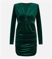 Women's Green Velvet Ruched Mini Dress Mela New Look