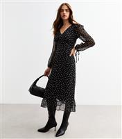 Women's Black Polka Dot Chiffon Midi Dress New Look