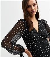 Women's Black Spotted Ruffle Trim Chiffon Midi Dress New Look