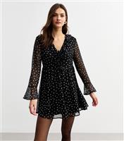 Women's Black Spotted Tie Front Chiffon Mini Dress New Look
