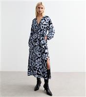 Women's Blue Abstract Floral Print Slit Hem Midi Dress New Look
