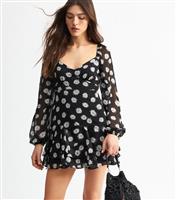 Women's Black Daisy Print Tiered Ruffle Mini Dress New Look
