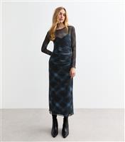 Women's Blue Checked Stretch Mesh Midi Dress New Look